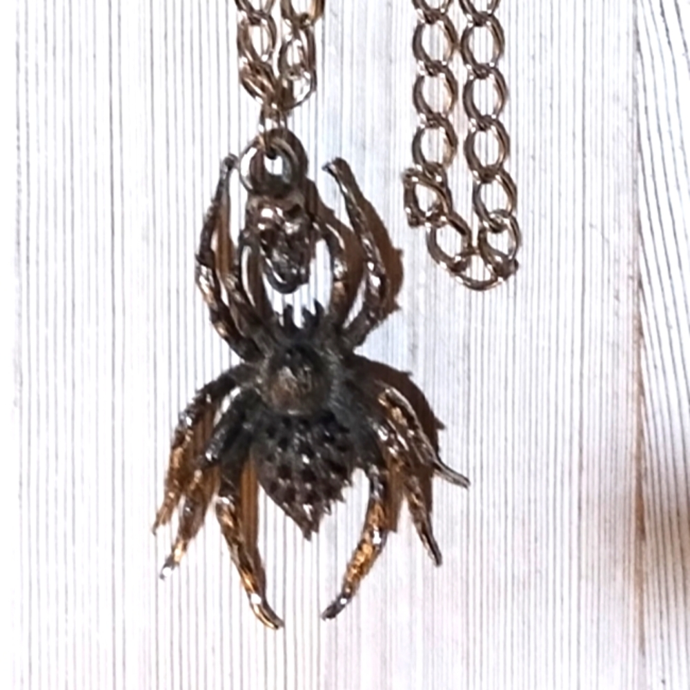 Pewter Spider with Skull Pendant Necklace